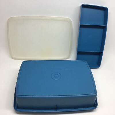 Vintage Tupperware #767-14 Blue Divided Stow n Go Container Vintage Tupperware #767-14 Blue Divided Stow n Go Container