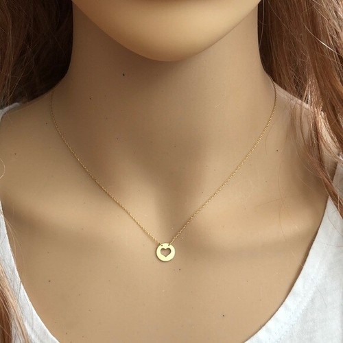 14K Solid Gold Mini Disk / Dics Cut Out Heart Dainty Necklace - Minimalist - Picture 6 of 6