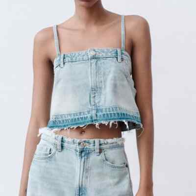 Zara Women's Cropped Denim Tank Top Blue Frayed Hem Size XS NWT Light Wash