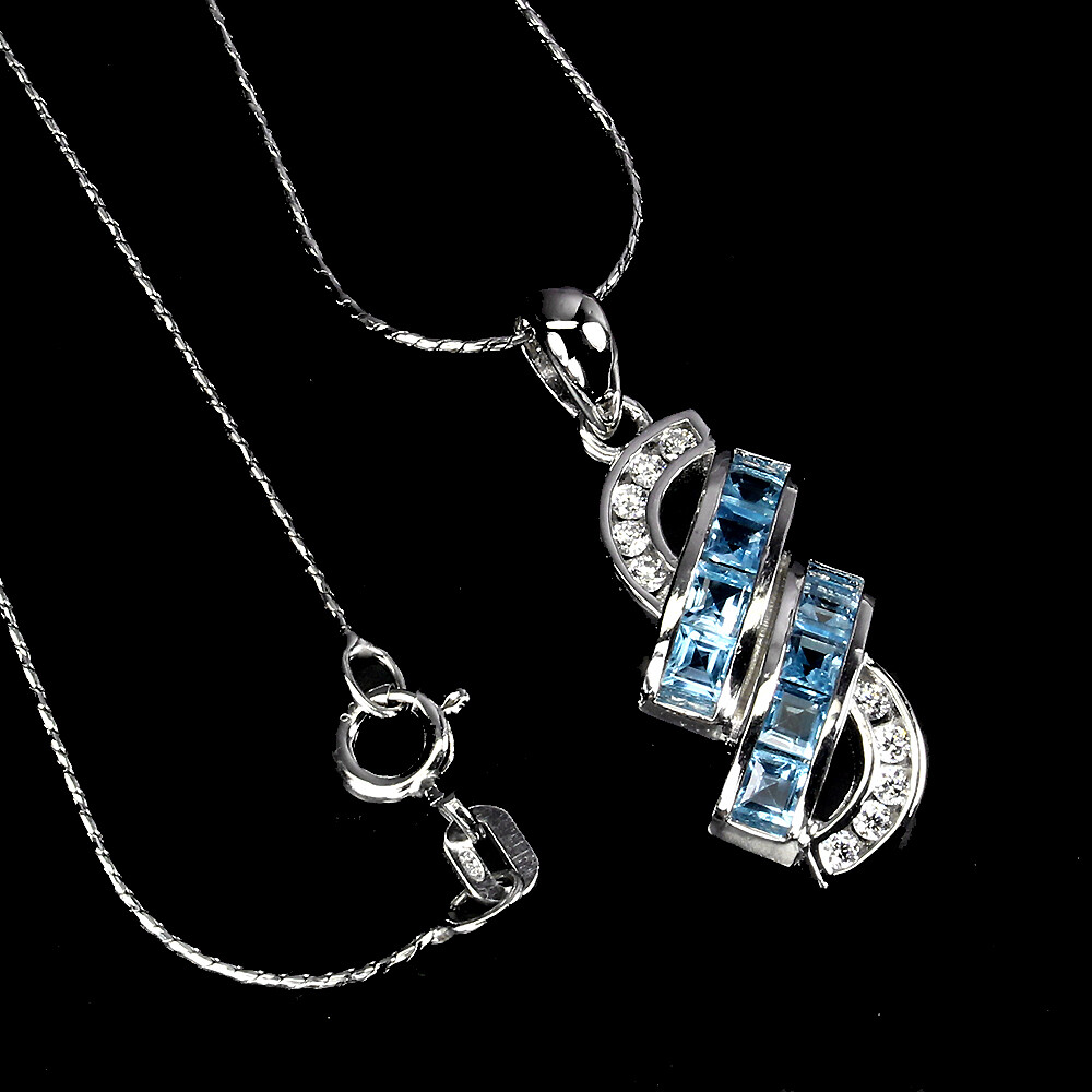 Summer 925 Silver Necklace Square Swiss Blue Topaz 3mm Cz Gemstone 
