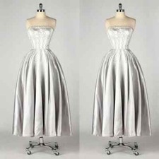 Satin Wedding Dresses Vintage Strapless Lace Tea Length Sleeveless Bridal Gowns