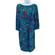 Lauren Ralph Lauren Midi Dress Womens 6 Teal Blue Floral Lined Twist Front