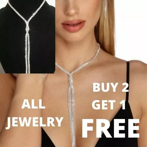 Rhinestone 2 Row Twist Choker Lariat Necklace Silver Cross Top Tassel Bride New