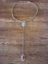 Sterling Silver Navajo Pearl Turquoise & Coral Y Necklace Signed Tom Lewis