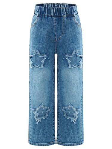 Kids Girls Trousers Hip Hop Jeans Outdoor Denim Pants Star Patches Flared Jeans - Picture 7 of 25