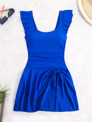 One-piece Swimsuit with Skirt Swim Dress Modest Swimwear Ruffle Sleeve Swimsuit - Picture 2 of 18