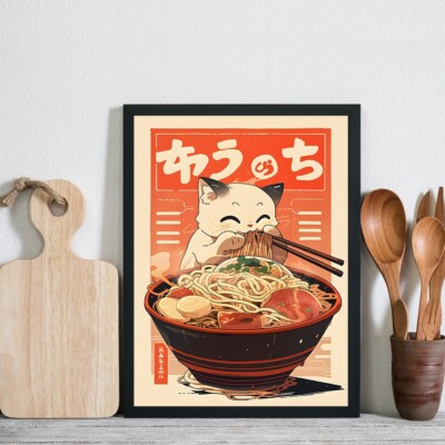Kawaii Japanese Ramen Canvas Painting Animal Cats Poster No Frame, art Poster