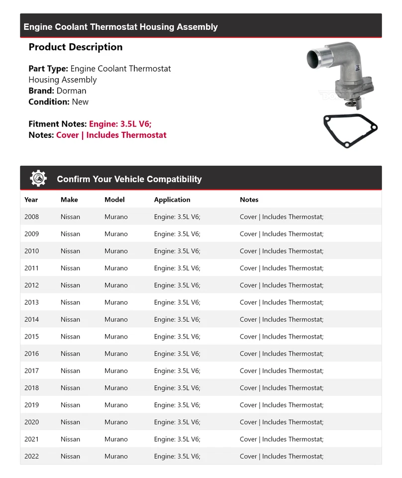 Conjunto de carcasa termostato Dorman V6 3,5 L Nissan Murano 2008-2022 2009 Foto 2 de 4