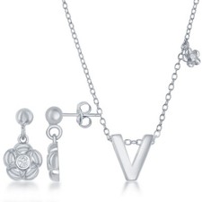 Sterling Silver Shiny "V" with Tiny CZ Flower Necklace and Earrings Set