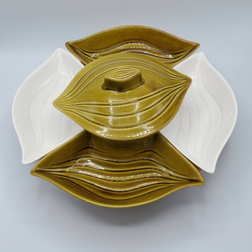 Vtg 7 Pc. Lazy Susan Set by California Pottery L-34 Avocado Green & Ivory USA - Picture 1 of 11