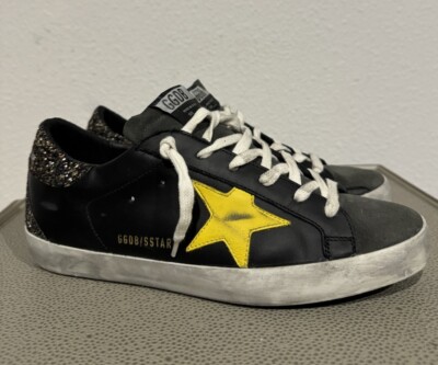 【送料&関税込】Golden Black super Star Sneakers Golden Goose Superstar Black With Yellow Star With Glitter