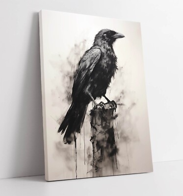 ANTHRAZIT SKIZZE ZEICHNUNG VON RABEN, KRÄHE CORVID - TIEF GERAHMTER LEINWANDKUNSTDRUCK
