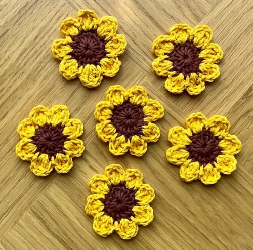 6 Crochet Sunflowers 5cm Flower 🌼 Handmade Appliqué Crochet Yellow flowers. - Bild 1 von 8