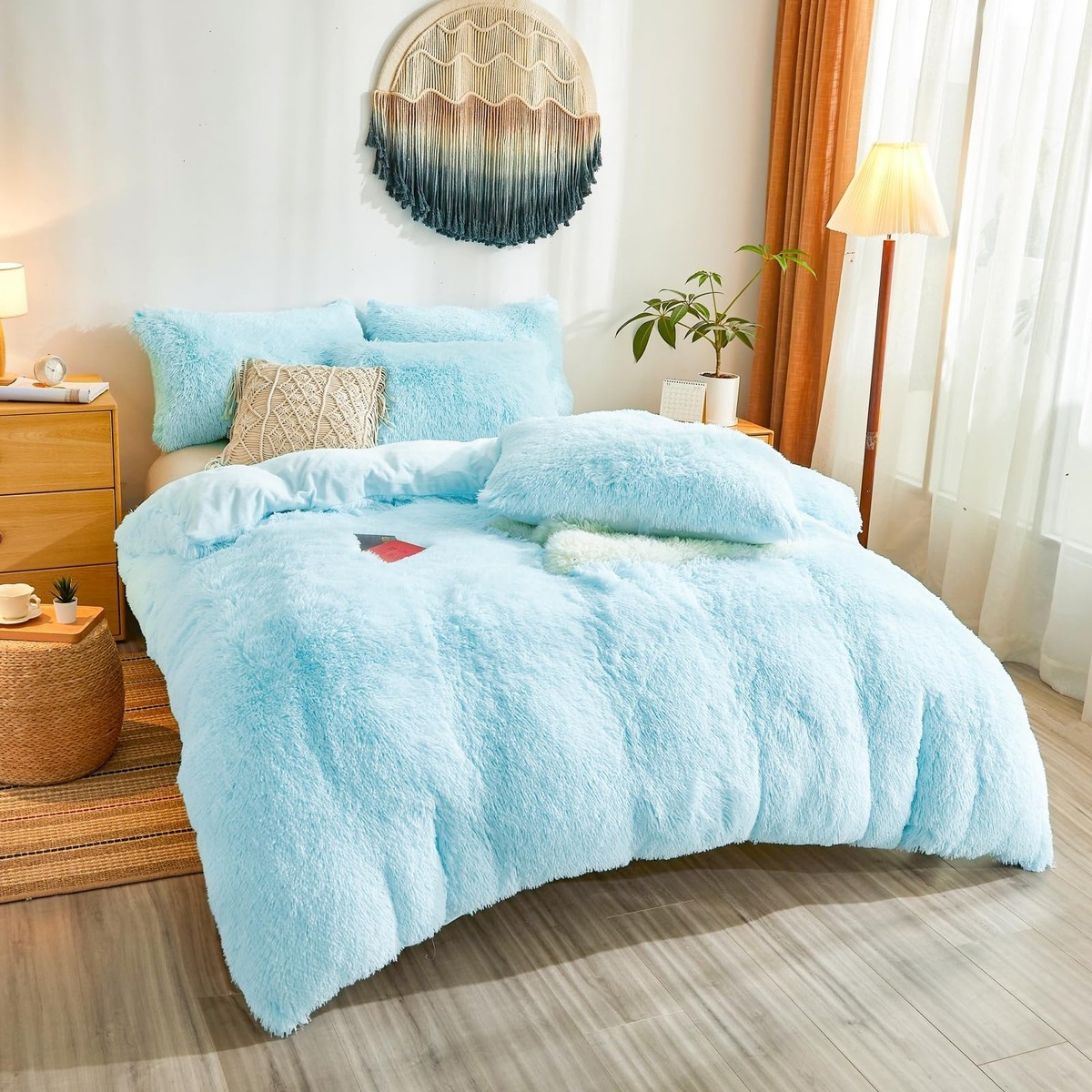 Shaggy Fluffy Light Blue Comforter Cover Queen Set – Faux Fur