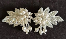 Vintage Beaded Shoe Clips White Lace & Sequins Faux Pearls Elegant Bridal OD31