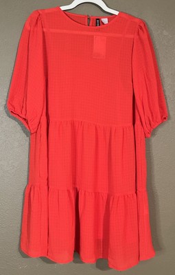 H&M Red Lightweight Elbow Sleeve Tiered Short Dress Women s size Small