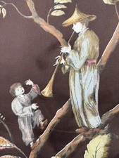 3.5 YDS Cathay Pastoral Chinoiserie Fabric Brown Scenic Toile 2004 Screenprint