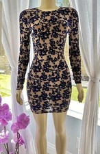 Windsor Velour Bodycon Sheath Dress Size S Mini Brown Floral Crew Neck Back Zip