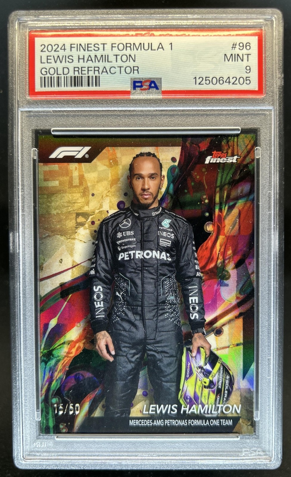 2024 Topps Finest F1 Formula 1 Lewis Hamilton Gold Refractor Common #/50 PSA 9 view 1