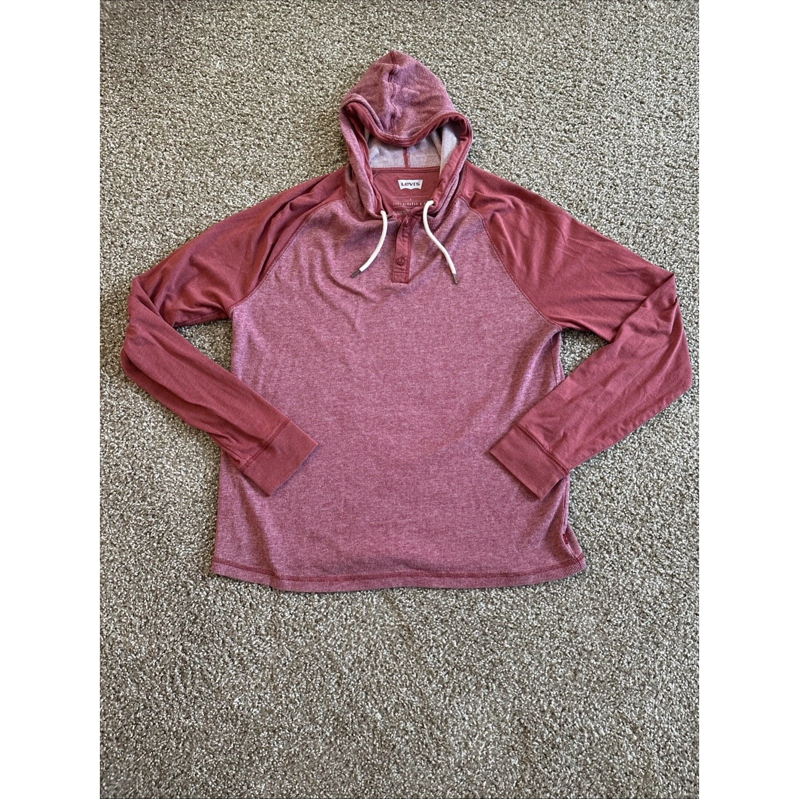 Levi's Waffle Knit Thermal Hoodie T Shirt Men's Size L Red Lightweight