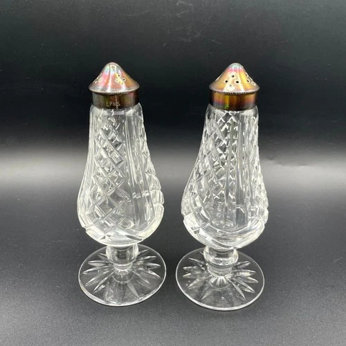 Waterford Lismore Salt & Pepper Shakers Footed Base EPNS Silverplated Lids Set 2