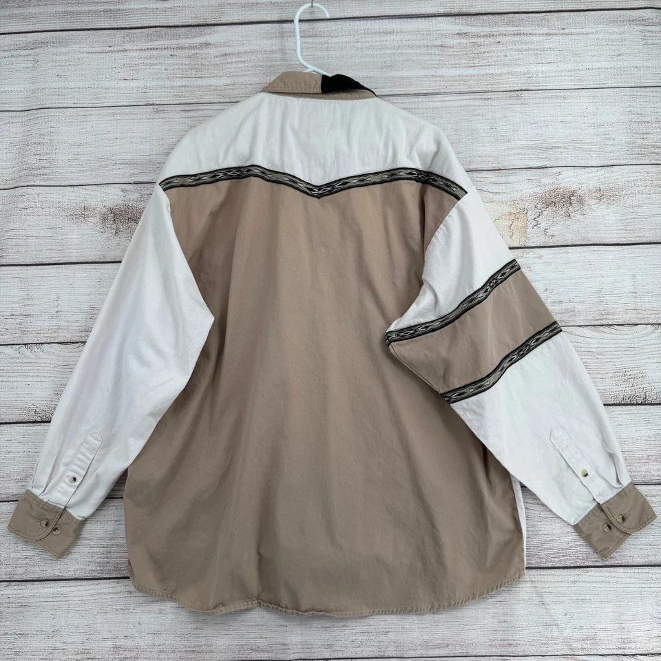 Vintage Wrangler Aztec Western Colorblock Pearl Snap Shirt Mens XXL Beige White - Image 2 of 4