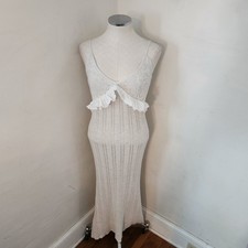 Lulus White Crochet Knit Maxi Dress Eyelet Ruffle V-Neck Small Cotton Pointelle