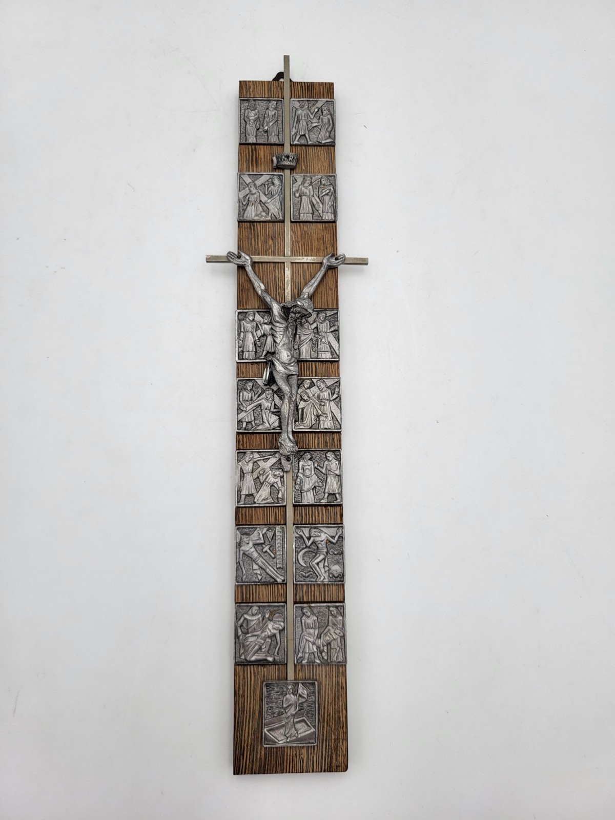 Kruzifix Kreuz mit Kreuzweg # 14 Stationen # 34 x 5 cm # Zinn Holz # Vintage