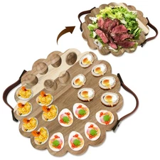 Reversible Wood Deviled Egg Platter, 24 Holes Deviled Egg Containers Double S...