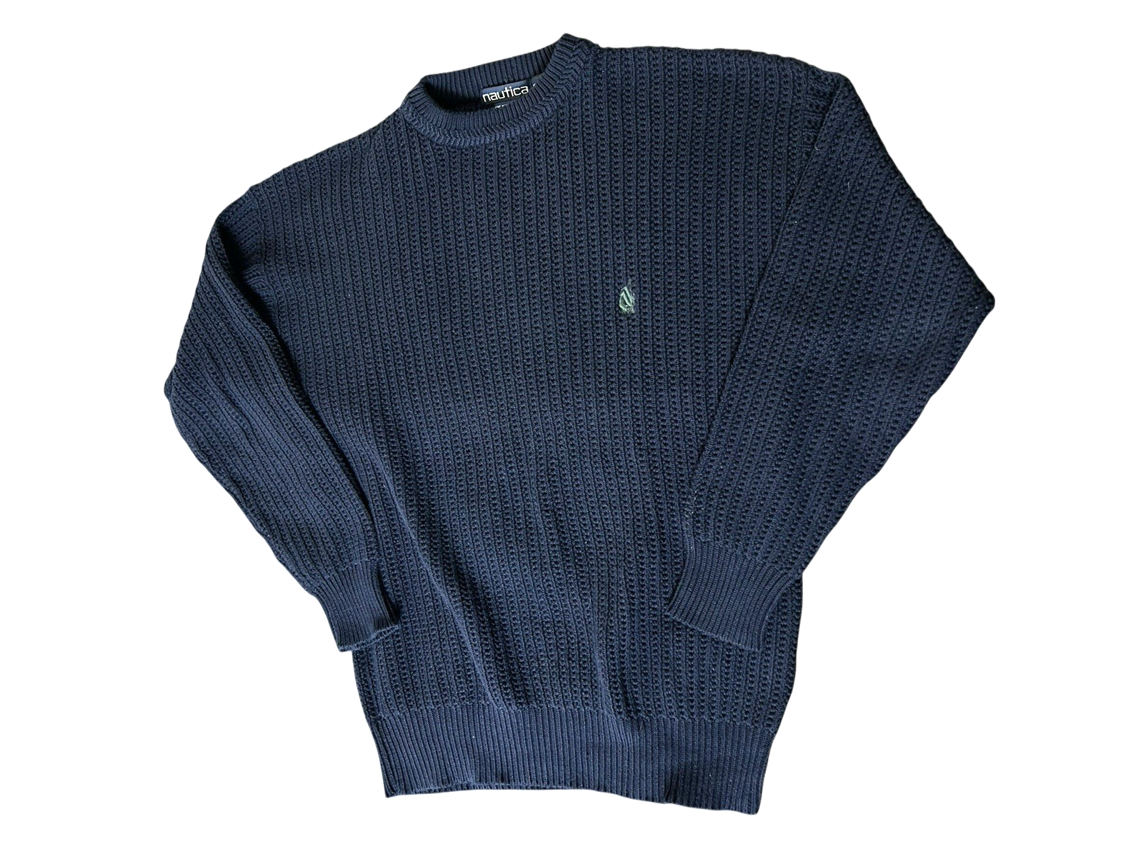 Vtg Nautica Cable knit Cotton Sweater Men Size Small Navy Blue Long Sleeve Logo