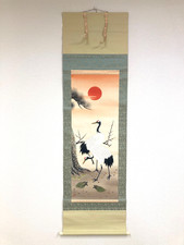 Grúa colgante Kakejiku vintage japonesa pergamino tortuga pino ciruela sol arte Nihonga