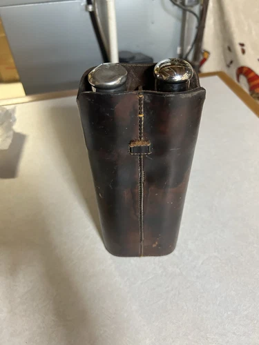 Antique Double Barrel Leather Flask ,Crystal Inserts/Silver Caps Extremely Rare - Picture 1 of 20