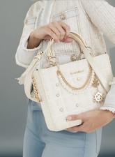 👉RI💫Womens❤️Tote Bag👜Cream Boucle Quilted Charm 💕Metal Grab Handles👌