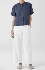 Eileen Fisher 100 Organic Linen Pant White Lg Ankle Tapered Elastic Pull On EUC