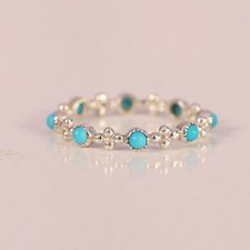 Turquoise Full Eternity Ring, 925 Sterling Silver Milgrain Stackable Band Ring