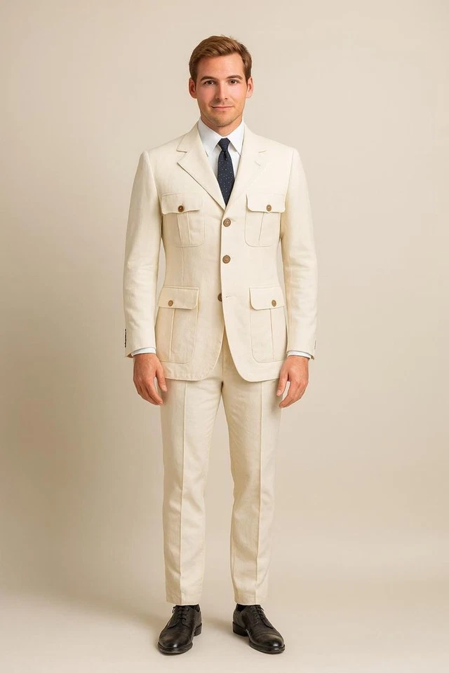 Слоновой кости Мужская куртка сафари льняной 2шт повседневный Leisure охотничья куртка летнее пальто - Изображение 2 из 4