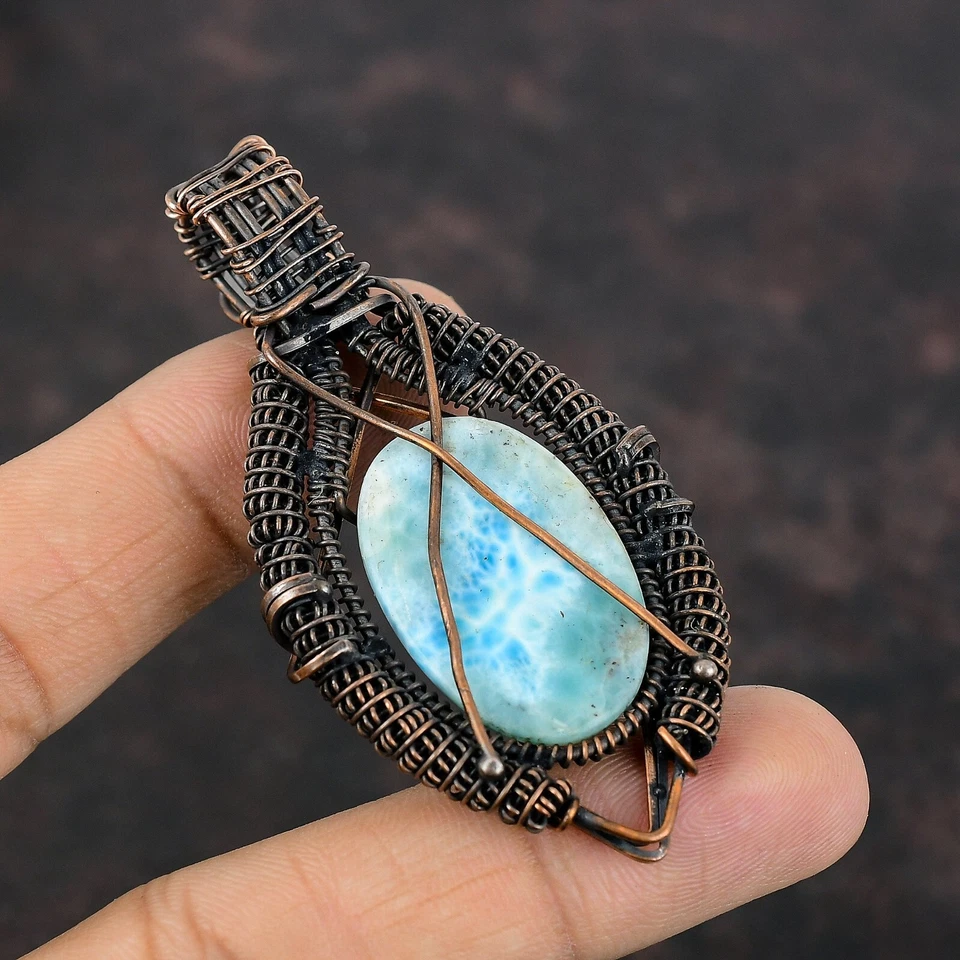 Gift For Her 铜 Larimar 宝石手工珠宝丝包装吊坠 2.87 — 第 4/4 张图片