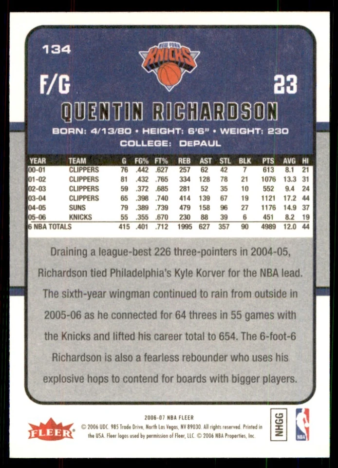 2006-07 Fleer. Quentin Richardson New York Knicks #134 - Image 2 of 2