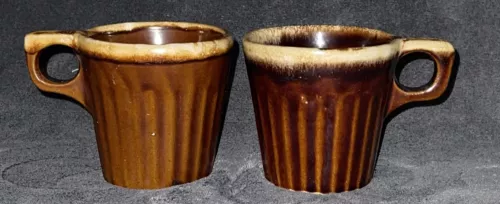 Vintage Monmouth USA Brown Drip Glaze Pottery Ribbed Coffee Mugs Set of 2.