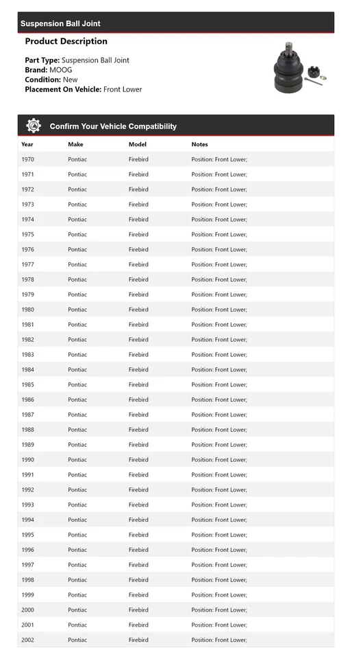 Rótula de suspensión delantera inferior MOOG 1970-2002 Pontiac Firebird 1970-2002 Foto 2 de 4