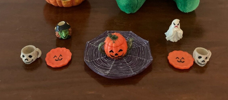 Vintage Halloween Childs Tea Set 10pc Pumpkin Witch Skull Ghost Spider In Web