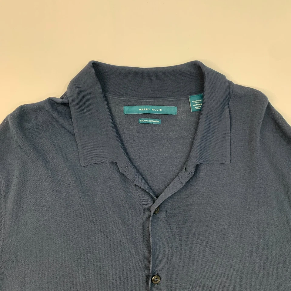 Camisa Perry Ellis Para Hombres XL Extra Grande Azul Marino Viscosa Nylon Mezcla Abotonada Foto 4 de 4