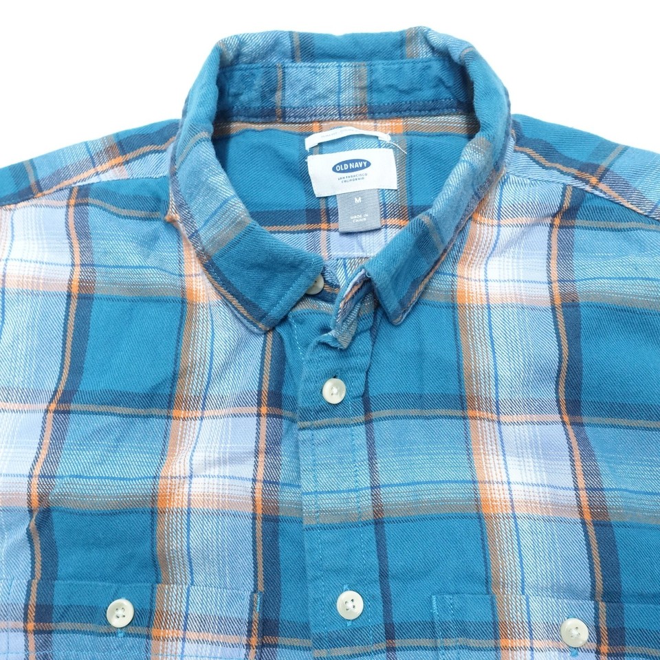Old Navy Shirt Men's Medium Blue Plaid Pockets Long Sleeve Slim Fit