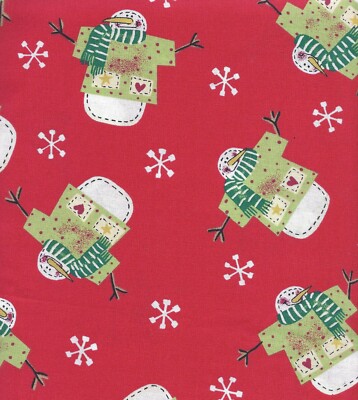 Prim Country Snowman Fabric Snowflakes Red White Green Primitive Style 1 Yard