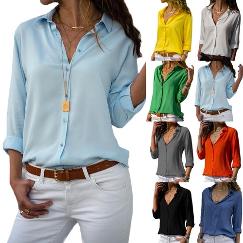 Women Long Sleeve V Neck Solid Chiffon 