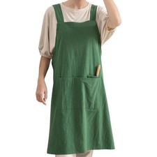 Soft Linen Cross Back Apron with Pockets for Women Men Cute Gree