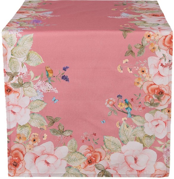Clayre & Eef FFA64P TischläUfer Rosa 50X140 Cm Baumwolle Blumen VöGel-image