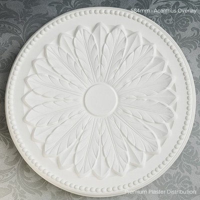 Gips Deckenrosette Akanthusauflage 23 Zoll / 584 mm + selbstklebendes Befestigungsset