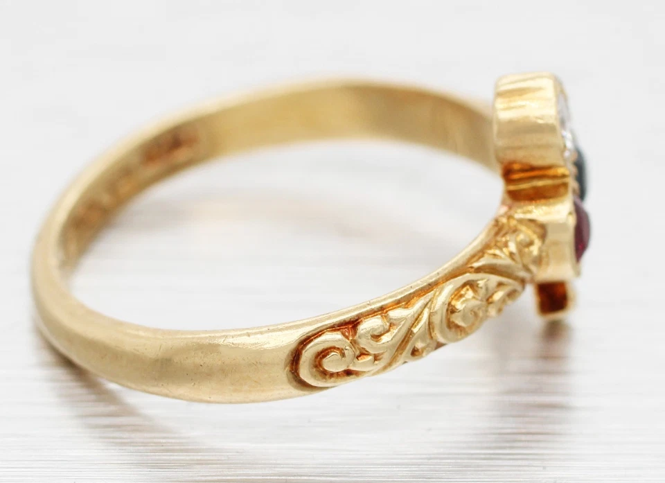 Antique Art Deco Diamond Ruby & Sapphire Club Clover Ring - 14k Yellow Gold Band - Image 3 of 4