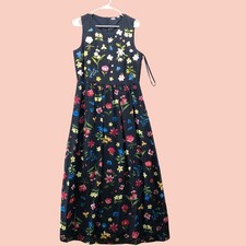 Tahari Sleeveless Maxi Dress Womens 10 Navy Blue Floral Embroidered A-Line